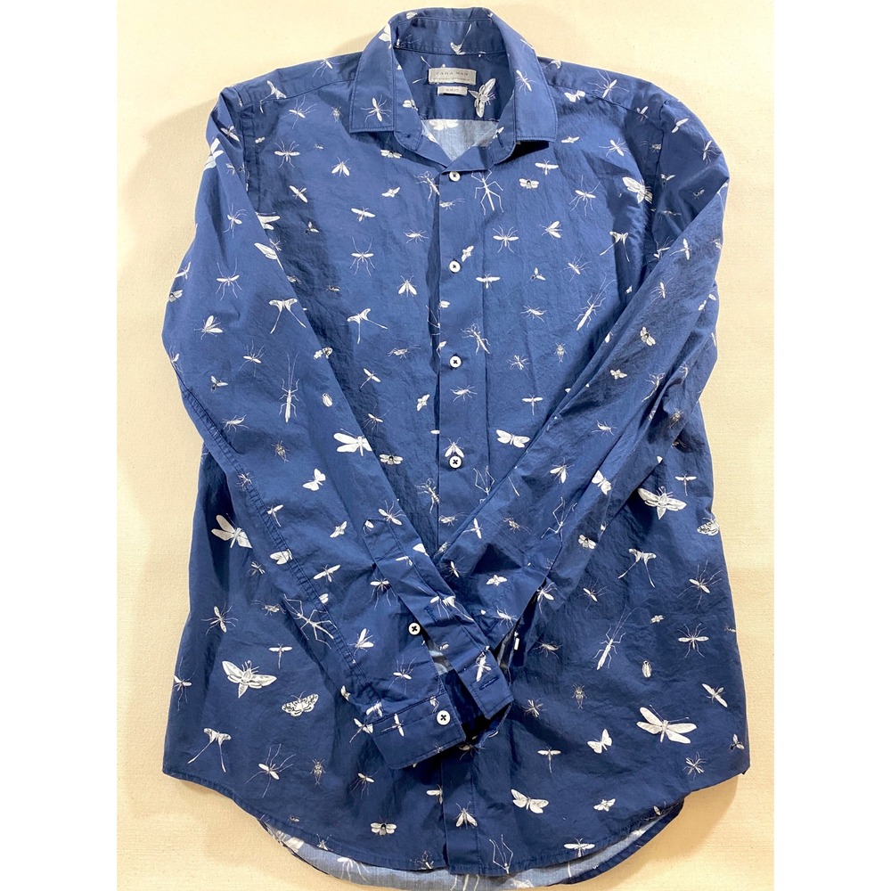 Zara Man Slim Fit Navy Blue Insect Print Button Down Shirt Medium Long Sleeve